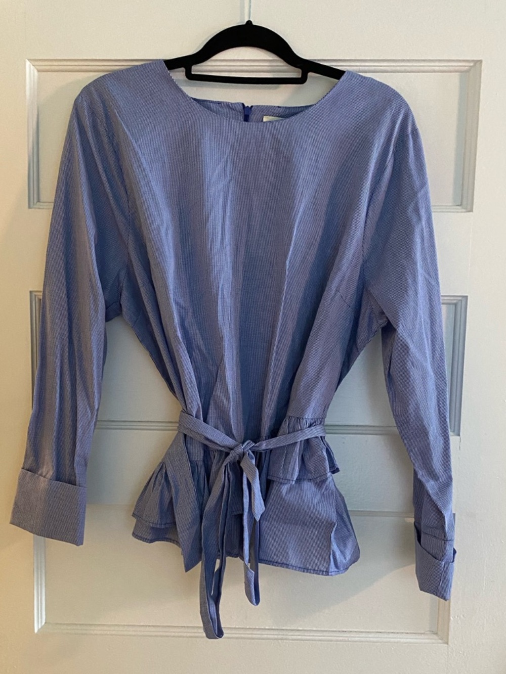 NWT Anthropologie Maeve Blue Plaid Tie-Waist Peplum Blouse